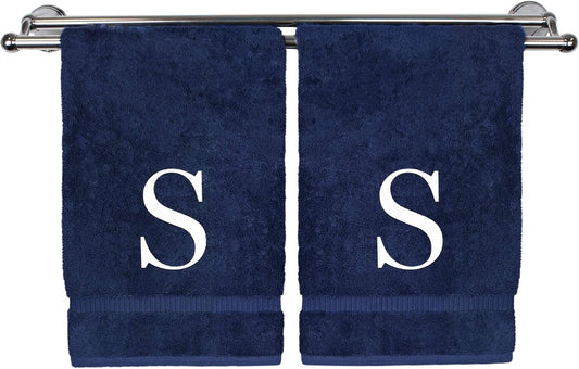 Monogrammed Hand Towel, Personalized Gift, Set of 2- White Block Letter Embroidered Towel - Extra Absorbent 100% Turkish Cotton - Soft Terry Finish - Initial S Navy