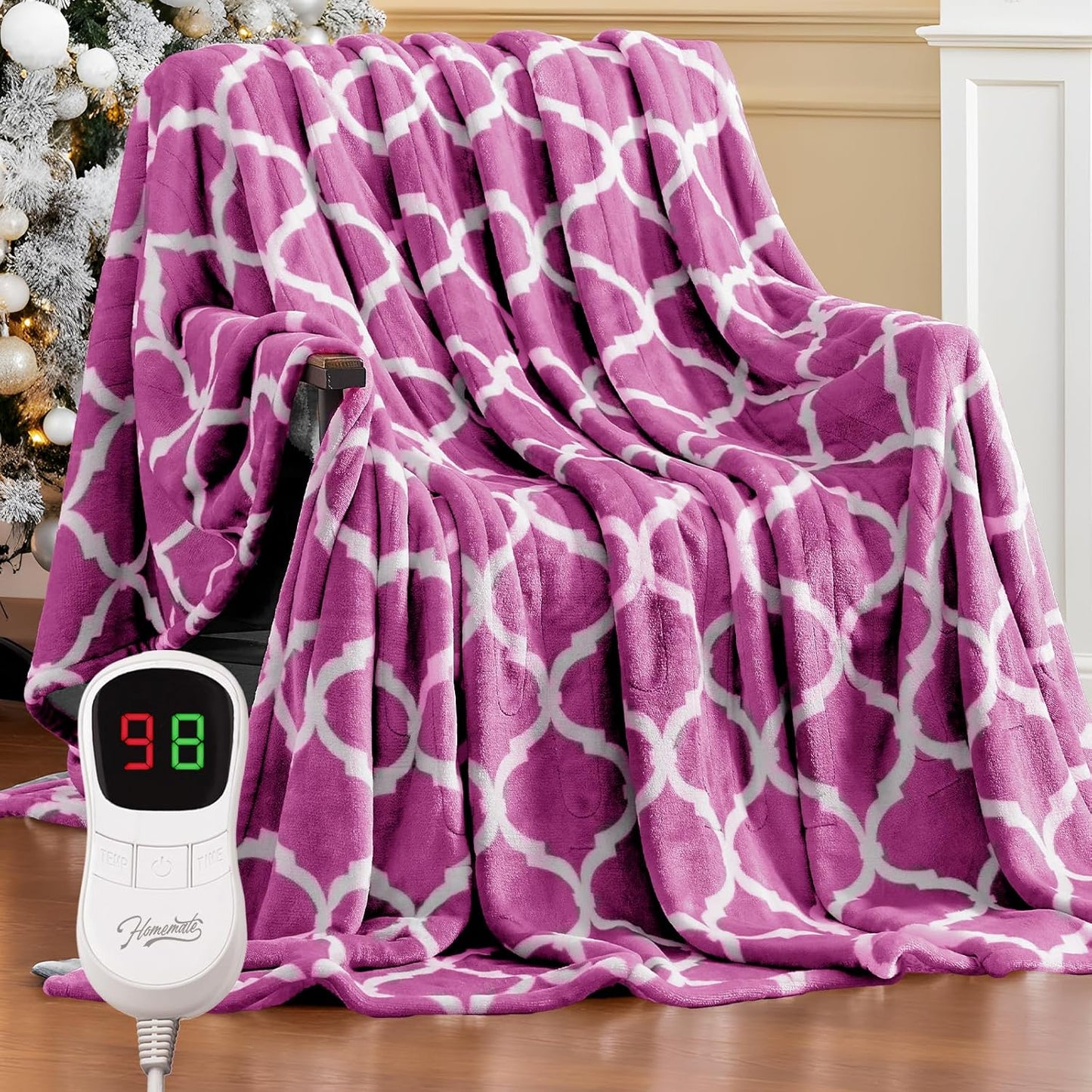 Homemate Heated Blanket Electric King Size - 100“x90“ Heating Blanket with 10 Fast Heat Levels 8 Hours Auto Off Ultra Soft Cozy Flannel Over-Heated Protection ETL Certification Keep Warming in Home