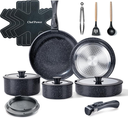 Chef Power Ceramic Nonstick Cookware Set 19 Piece with Detachable Handle, Induction Dishwasher Oven Safe Pans and Pots Set, RV Kitchen Set Removable Handle, Rock Stone Black