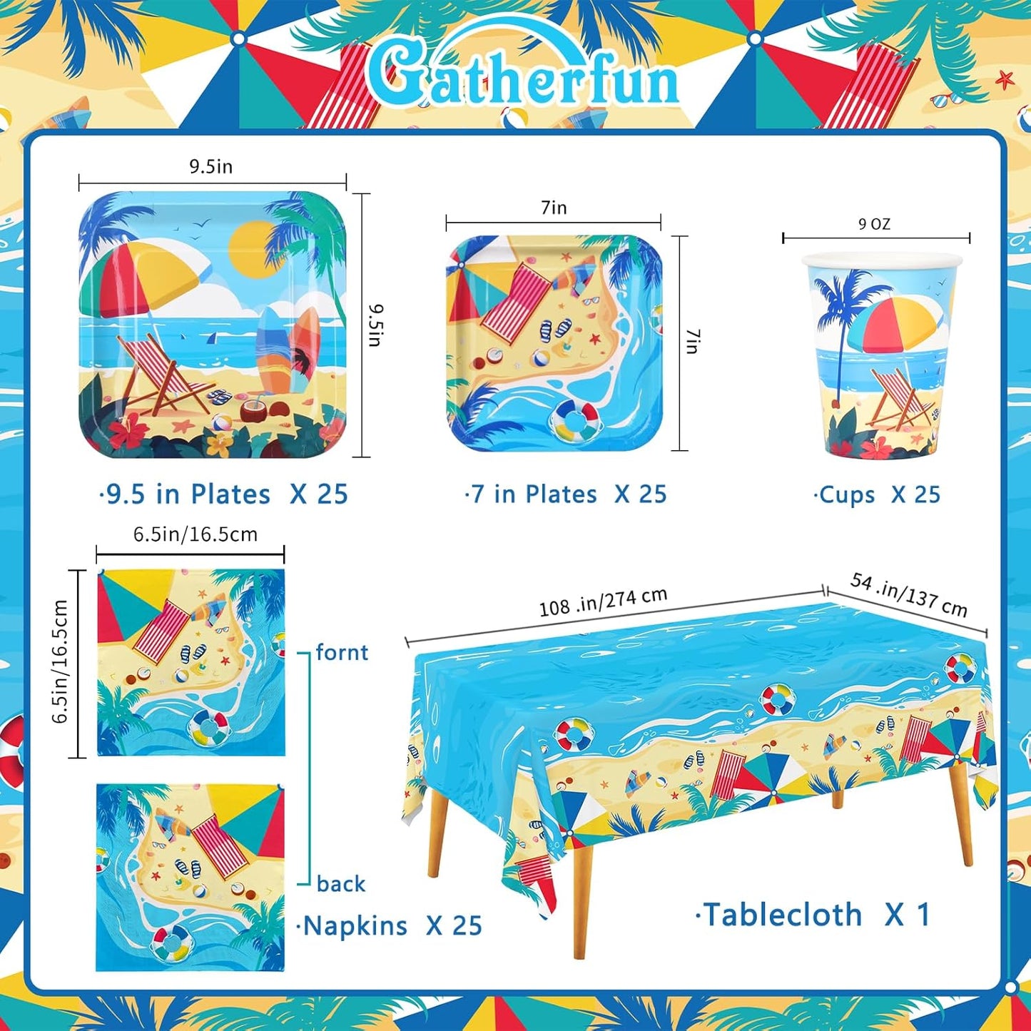 Beach Theme Party Supplies, Summer Pool Pack Includes: Paper Dinner Plates, Dessert Plates, Luncheon Napkins, Cups and Tablecloth for Hawaiian Party Birthday Decorations, Serve 25