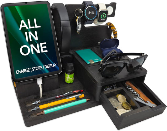 Nightstand Organizer - Bedside Docking Station for Men -Unique Gifts for Husband, Father or Dad from Wife, Son or Daughter -Desk Organizer for Phone, Watches, Wallet & Accessories (Black)