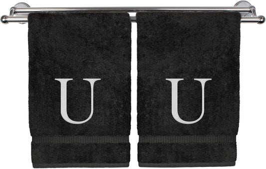Monogrammed Hand Towel, Personalized Gift, Set of 2- White Block Letter Embroidered Towel - Extra Absorbent 100% Turkish Cotton - Soft Terry Finish - Initial U Black