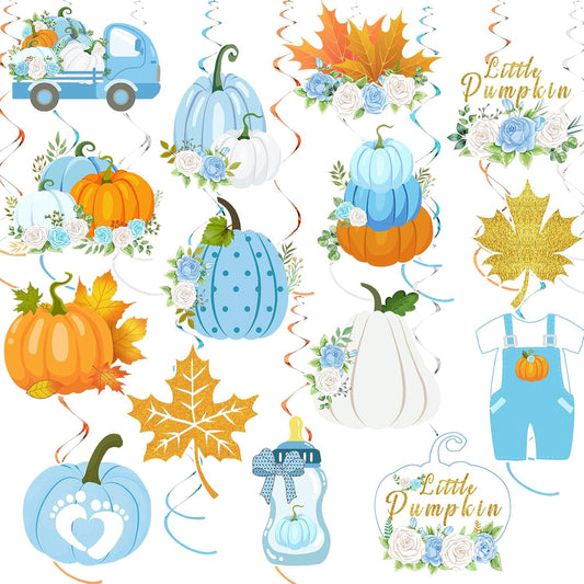 36pcs Thanksgiving Little Pumpkin Party Hanging Swirls Decor,Blue Boy Little Pumpkin Thanksgiving Hanging Swirls, Fall Themed Maple Leaf Pumpkin Truck Ceiling Swirl for Boy Birthday Party Decorations