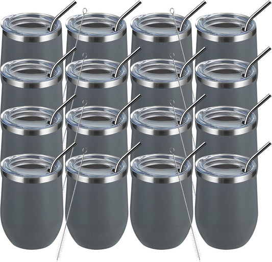 MEWAY 12oz Wine Tumbler 16 Pack Bulk Gifts for Women,Double Wall Vacuum Stainless Steel Travel Mug with Lid,Insulated Stemless Wine Cup Glass for Coffee,Cocktails,Drinks(Gray,Set of 16)