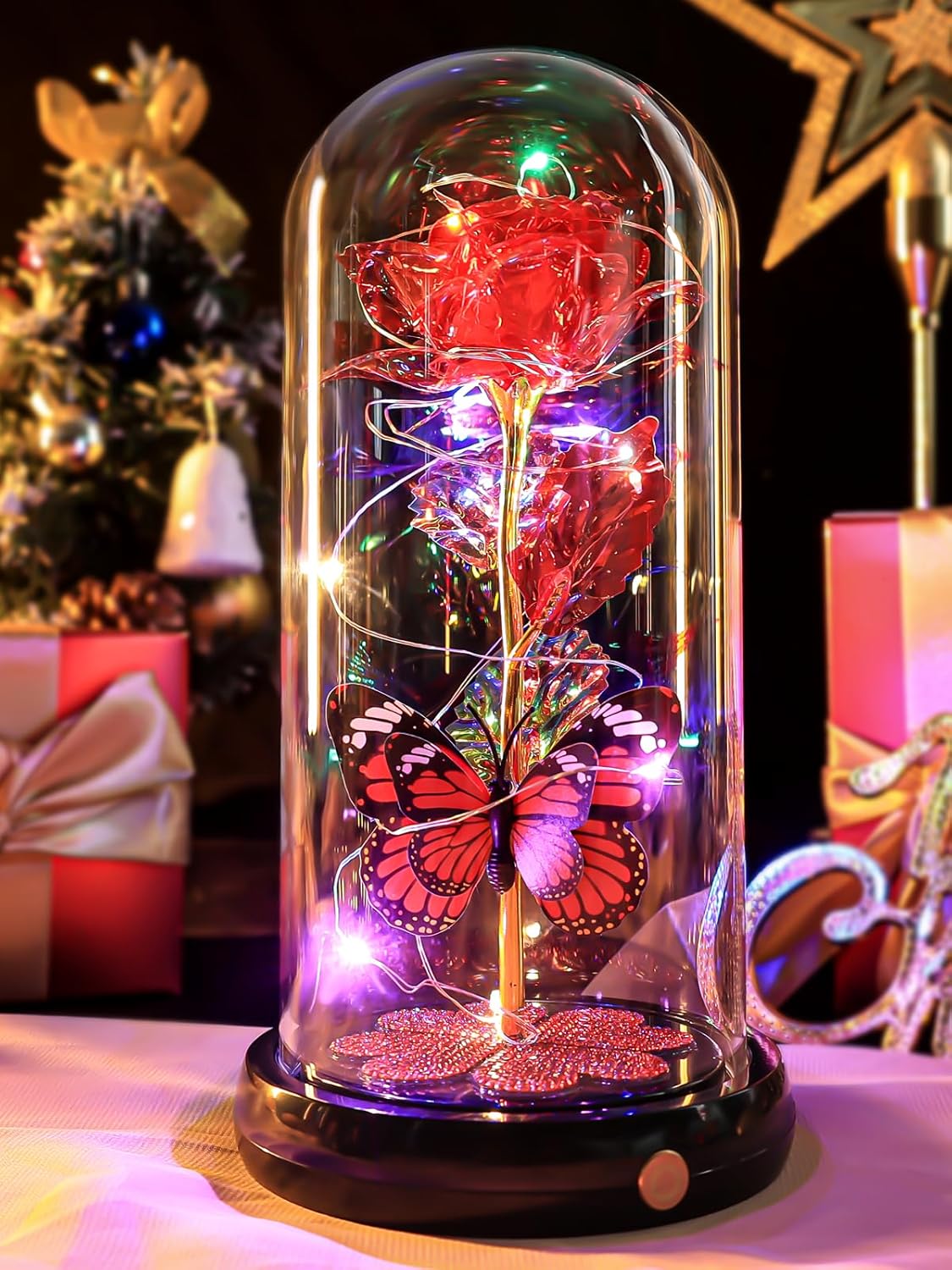Birthday Gifts for Women Mom, Rechargeable Galaxy Glass Rose Light Up Rose In Glass Dome Forever Crystal Flowers Butterfly Gift Anniversary Christmas Roses Gifts for Her Wife Sister Friends Red