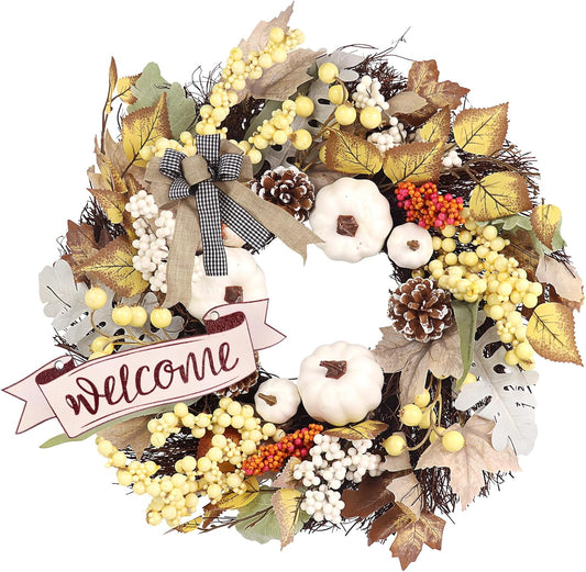 Fall Wreaths for Front Door Outside Decor, 20" Pumpkin Berry Maple Leaves Pine Cone Wreath Autumn Decorations with Bow and Hanging Sign for Thanksgiving Home Outdoor Indoor Porch Harvest