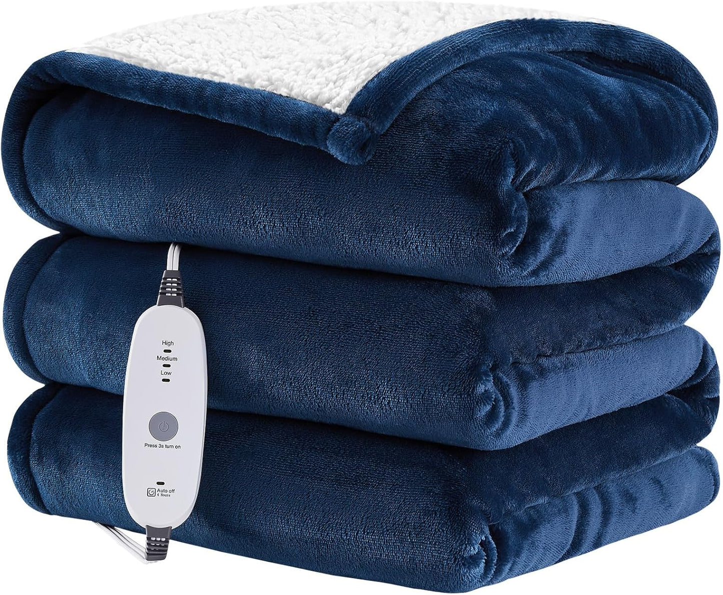 HYLEORY Heated Throw Blanket Flannel Electric Blanket Throw with 4 hrs Timer Auto-Off & 3 Heating Levels Sherpa Heated Blankets with Overheating Protection,50"x60",Navy Blue