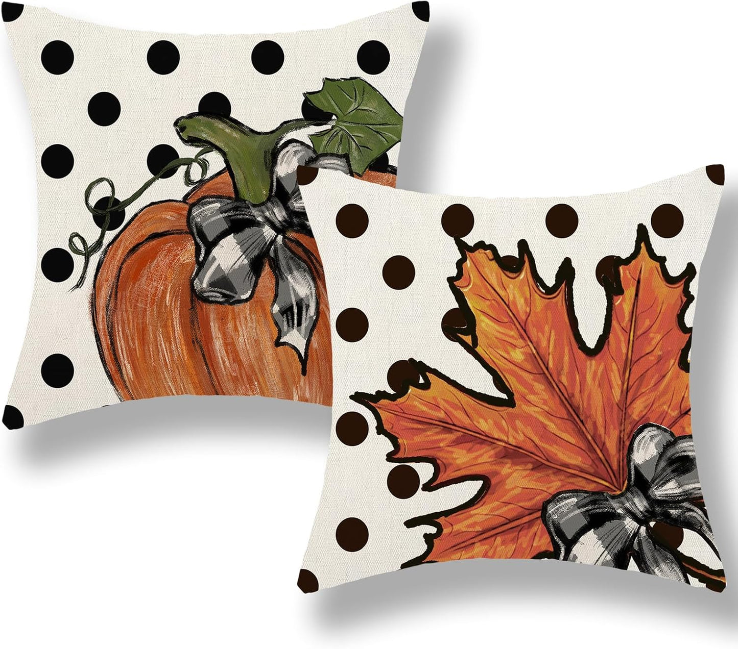 Fall Pillow Covers 18 x 18 Inch Set of 2 Autumn Polka Dot Pumpkin Maple leaves Throw Pillow Covers Outdoor Thanksgiving Harvest Farmhouse Pillowcase Cushion Case For Home Sofa Porch Fall Decor