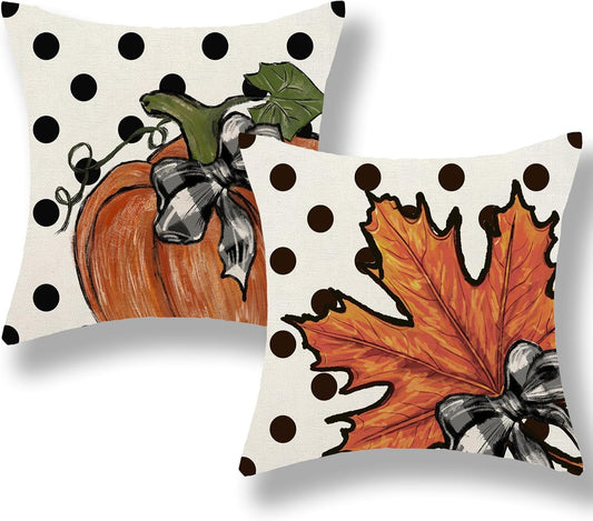 Fall Pillow Covers 18 x 18 Inch Set of 2 Autumn Polka Dot Pumpkin Maple leaves Throw Pillow Covers Outdoor Thanksgiving Harvest Farmhouse Pillowcase Cushion Case For Home Sofa Porch Fall Decor