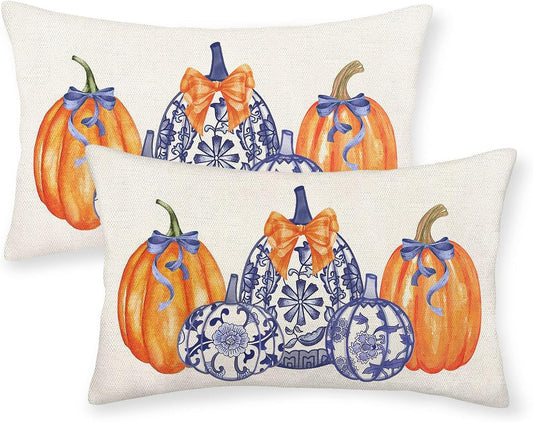 Fall Pillow Covers 12x20 Set of 2 Orange Blue Chinoiserie Pumpkin Throw Pillow Covers Outdoor Decoration Autumn Decor Pumpkin Pillowcase Farmhouse Decorative Linen Cushion Case for Home Sofa