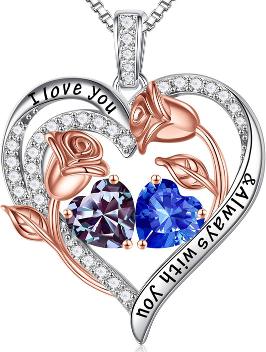 Iefil Birthstone Necklace for Women - 925 Sterling Silver Rose Heart Birthstone Necklace Birthday Anniversary Jewelry Gifts for Her Wife Mom Daughter