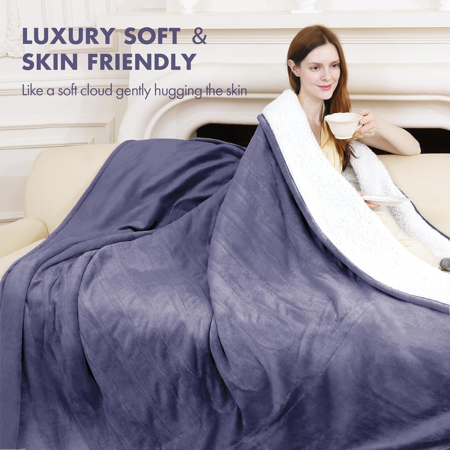 Heated Blanket Throw 50" x 60" - Soft Flannel Sherpa Electric Blanket Throw with 5 Heating Levels & 4 Hours Auto Off, Machine Washable, Ideal Gift for Grandma (Ash Violet)