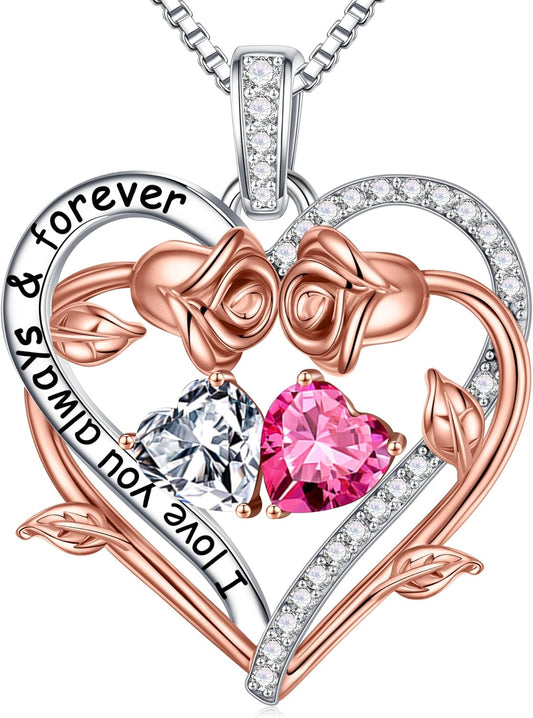 Iefil Rose Heart Double Birthstone Necklace Gifts for Wife Her Mom Women, Birthstone Jewelry Gemstone Birthday Gifts for Girlfriend Grandma Her Wife Women