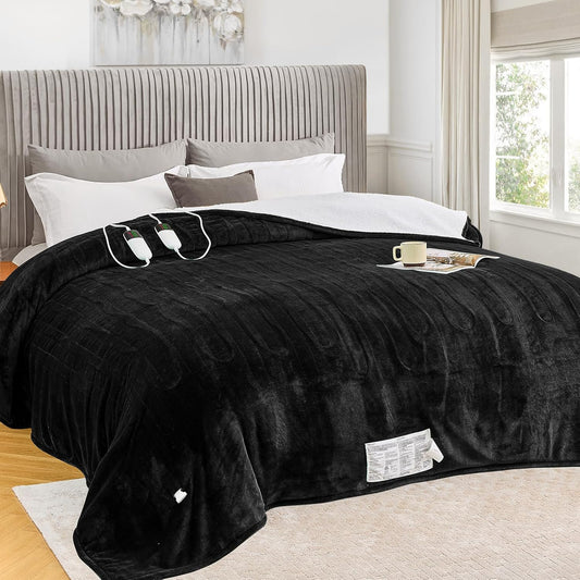 greenoak Heated Blanket Electric King Size 100"X90" Dual Control, Heating Blanket 10 Heat Levels 1/2/4/6/8 Hours Auto-Off Overheat Protection, Soft Sherpa Warm Heater, ETL Certified Lacquered Black