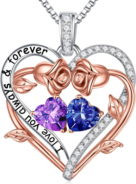 Iefil Rose Heart Double Birthstone Necklace Gifts for Wife Her Mom Women, Birthstone Jewelry Gemstone Birthday Gifts for Girlfriend Grandma Her Wife Women