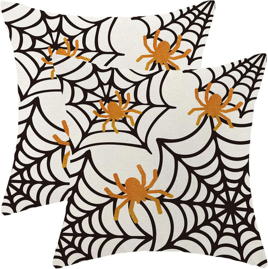 Spider Web Throw Pillow Covers 18x18 inch Set of 2 Halloween Decorative Farmhouse Pillow Covers Outdoor Spider Decor Cushion Case for Home Office Halloween Sofa Bed Decoration