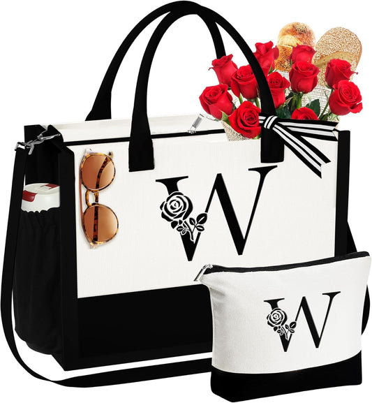YOOLIFE Gifts for Women - Initial Canvas Tote Bag & Makeup Bag Birthday Gifts for Women Wife Mom Friend Teacher Sister