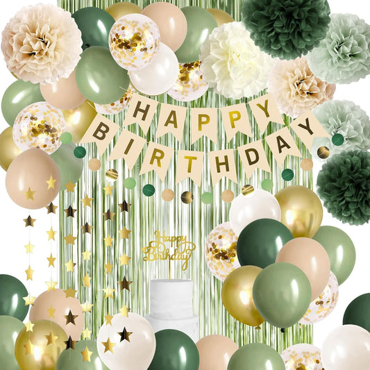 Sage Green Birthday Decorations Olive Green Happy Birthday Party Decorations Nude Retro Gold Balloon Banner Paper Pom Poms Greenery Neutral Rustic Décor Supplies Baby Girls Women