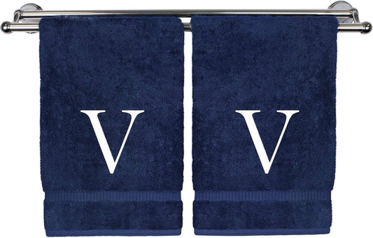 Monogrammed Hand Towel, Personalized Gift, Set of 2- White Block Letter Embroidered Towel - Extra Absorbent 100% Turkish Cotton - Soft Terry Finish - Initial V Navy
