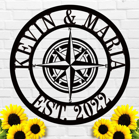 Metal Name Signs Personalized, Compass Metal Sign, Nautical Compass GPS Coordinates Metal Sign with Last Name Date, Personalized Wall Decor, Personalized Wedding Gift