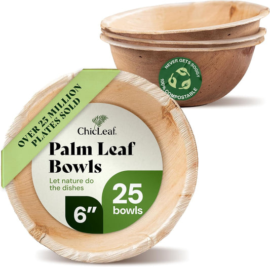 Chic Leaf Palm Leaf Bowls - Mini Disposable Bamboo Bowls - Small Plates & Dessert Cups for Party Events - Biodegradable & Compostable Party Supplies (6'' Round - 25 Pack)