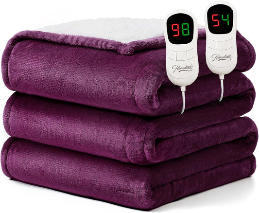 Homemate Electric Heated Blanket Queen Size - 84"x90" Heating Blanket Queen Size Dual Control 1/2/4/6/8 Hours Auto-Off 10 Heat Level Over-Heat Protection Flannel Sherpa ETL Certification