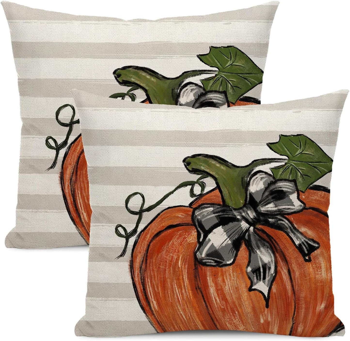 Fall Decor Pillow Covers 18x18 Inch Set of 2 Autumn Stripes Orange Pumpkin Throw Pillow Covers Outdoor Thanksgiving Harvest Decoration Farmhouse Pillowcase Decorative Cushion Case For Home Sofa