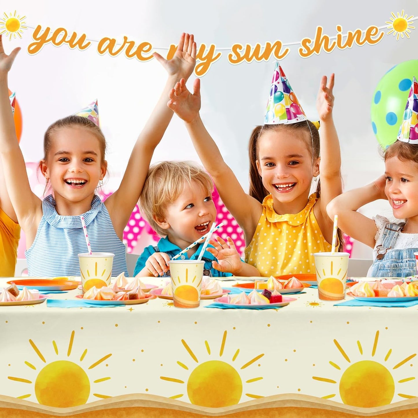Boho Sun-Theme Birthday Party Supply Set; Complete Baby Shower Decorations with Sunshine Disposable Paper Plates, Cups, Tablecloth, Banner and Napkins for 25; Boho Baby Shower Party Decorations.