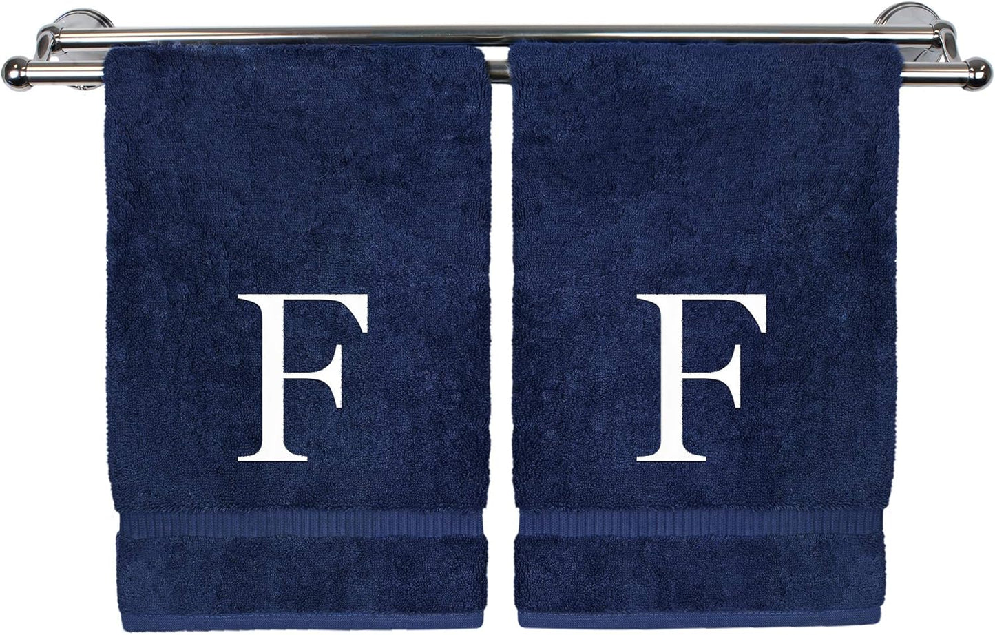 Monogrammed Hand Towel, Personalized Gift, Set of 2- White Block Letter Embroidered Towel - Extra Absorbent 100% Turkish Cotton - Soft Terry Finish - Initial F Navy