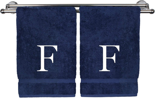 Monogrammed Hand Towel, Personalized Gift, Set of 2- White Block Letter Embroidered Towel - Extra Absorbent 100% Turkish Cotton - Soft Terry Finish - Initial F Navy