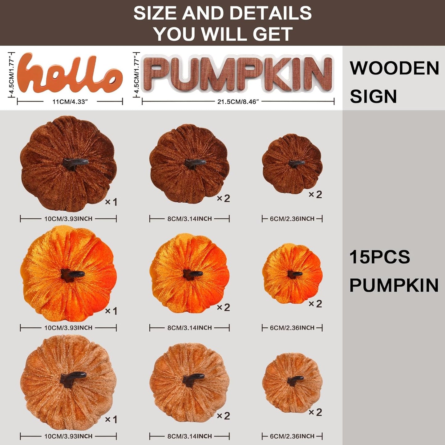 17 Pack Fall Artificial Velvet Pumpkins Decorations, Foam Faux Flocked Pumpkin Including Wooden Hello Pumpkins Sign, for Home Autumn Harvest Theme Party Halloween Thanksgiving Table Decor.