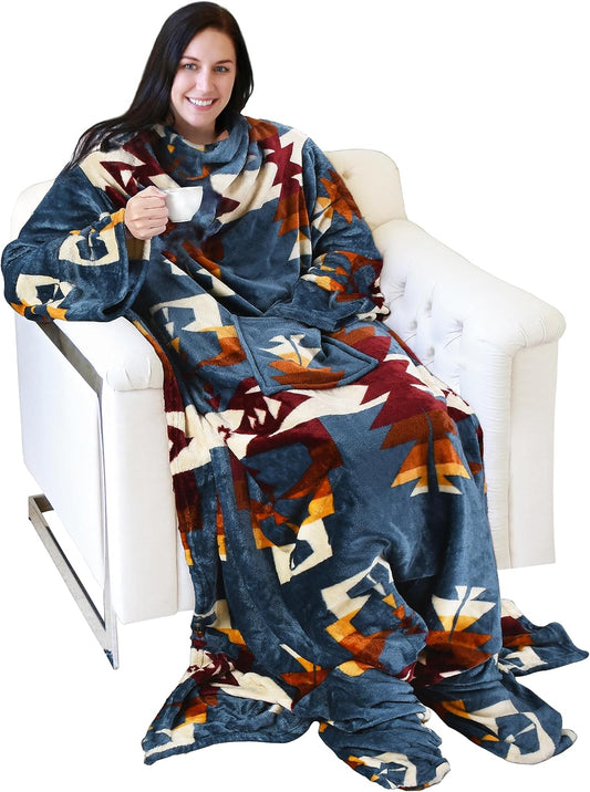 Catalonia Wearable Fleece Blanket with Sleeves and Foot Pockets for Adult Women Men, Micro Plush Comfy Wrap Sleeved Throw Blanket Robe Large, Southwest Blue