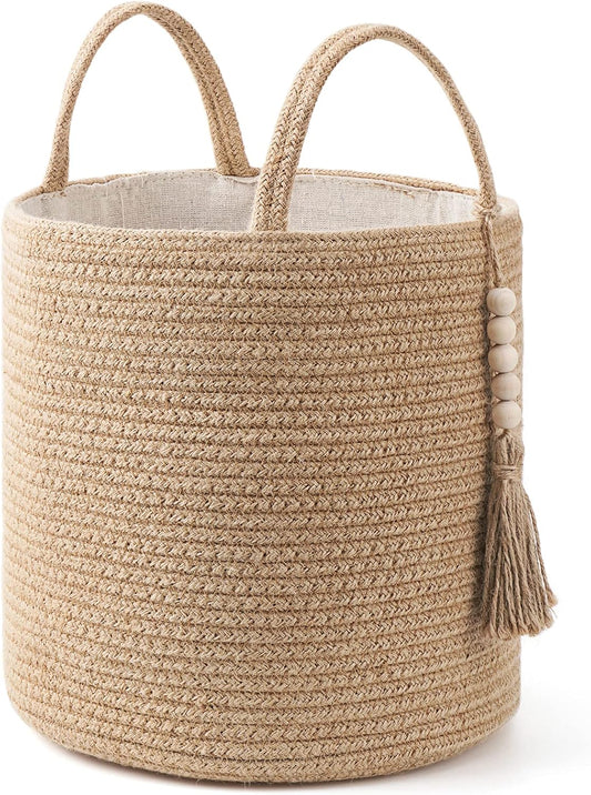 Mkono Woven Storage Basket Decorative Natural Rope Basket Wooden Bead Decoration for Blankets,Toys,Clothes,Shoes,Plant Organizer Bin with Handles Living Room Home Decor