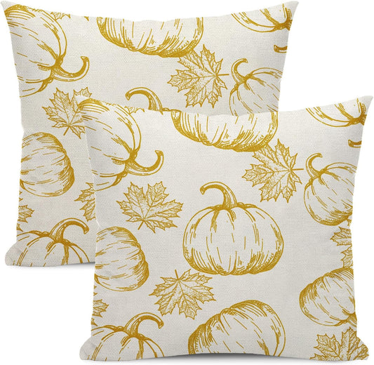 Autumn Pillow Covers 18x18 Set Of 2 Fall Yellow Pumpkin Maple Leaves Throw Pillow Covers Thanksgiving Decoration Pillowcase For Fall Decorative Linen Cushion Cover For Couch Sofa Outdoor Decor