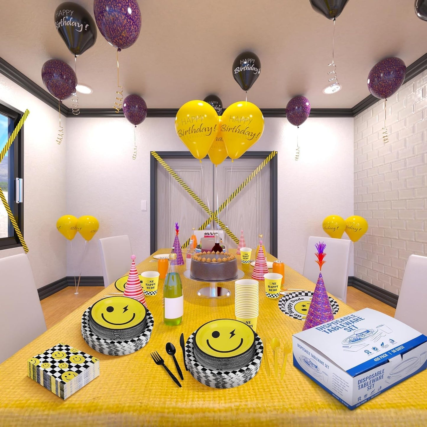400 Pieces One Happy Dude Disposable Party Tableware Sets Including Plates Cups Napkins Cutlery Serves 50 for Smiley Party 1st Birthday Preppy Party Decorations