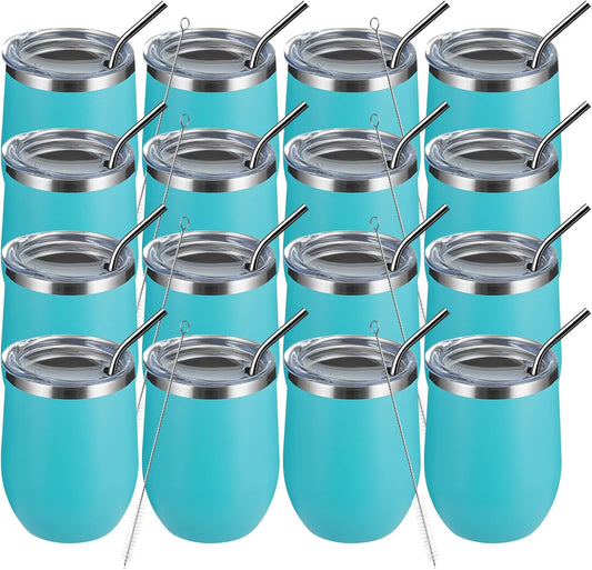 MEWAY 12oz Wine Tumbler 16 Pack Bulk Gifts for Women,Double Wall Vacuum Stainless Steel Travel Mug with Lid,Insulated Stemless Wine Cup Glass for Coffee,Cocktails(Turquoise,Set of 16)