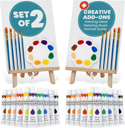 CraftyCrocodile Set of 2 Painting Kits for Adults and Couples - Sip and Paint Kit for Date Night and Crafts - Acrylic Painting Kit with Canvas Boards and Easels - Couple Art Set for Starters