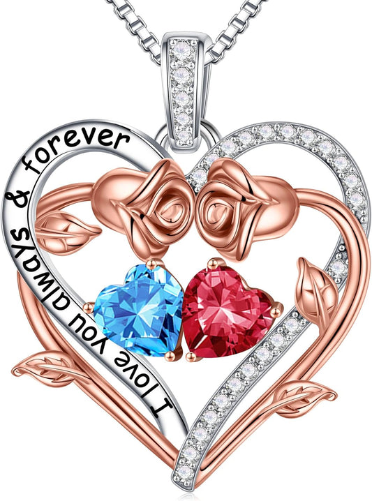 Iefil Rose Heart Double Birthstone Necklace Gifts for Wife Her Mom Women, Birthstone Jewelry Gemstone Birthday Gifts for Girlfriend Grandma Her Wife Women