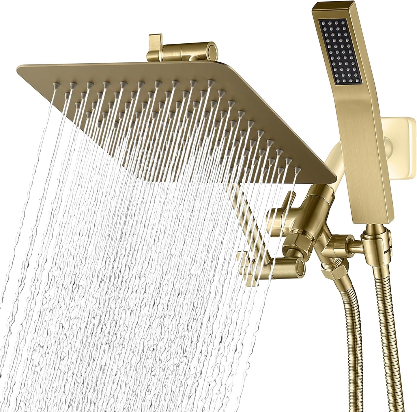 G-Promise All Metal 8-Inch Dual Square Shower Head Combo, Rain Shower Head, Handheld Shower Wand with 71-Inch Extra Long Hose, 3-Way Diverter, Adjustable Extension Arm, Brushed Gold