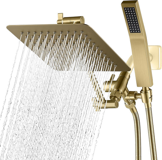 G-Promise All Metal 8-Inch Dual Square Shower Head Combo, Rain Shower Head, Handheld Shower Wand with 71-Inch Extra Long Hose, 3-Way Diverter, Adjustable Extension Arm, Brushed Gold