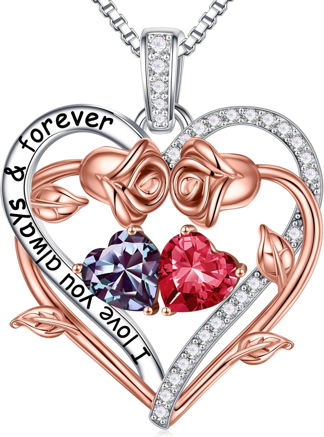 Iefil Rose Heart Double Birthstone Necklace Gifts for Wife Her Mom Women, Birthstone Jewelry Gemstone Birthday Gifts for Girlfriend Grandma Her Wife Women