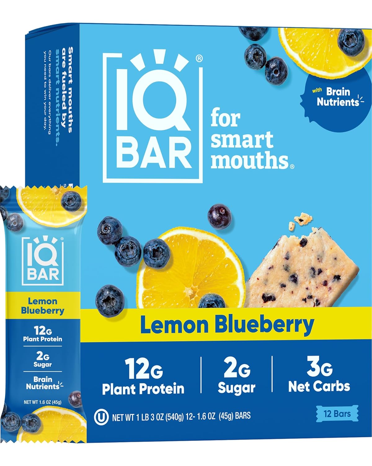 IQBAR Brain and Body Plant Protein Bars - Lemon Blueberry - 12-Count Low Carb - Gluten Free, High Fiber, Vegan Snacks - Low Sugar Meal Replacement