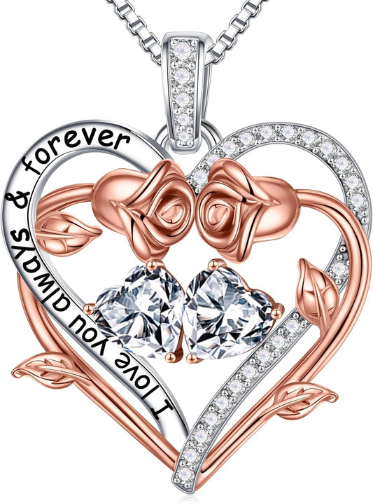 Iefil Rose Heart Double Birthstone Necklace Gifts for Wife Her Mom Women, Birthstone Jewelry Gemstone Birthday Gifts for Girlfriend Grandma Her Wife Women