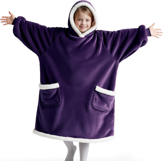 Bedsure Blanket Hoodie, Wearable Blanket for Adults & Kids as Gifts for Women Men, Birthday Gifts for Women Mom Girl Sherpa Oversized Hoodie, Ultra Violet, Kids