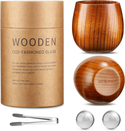 GENUINED Wooden Whiskey Glasses Set of 2, Old Fashioned Wood Bourbon Drinking Glass, Bourbon Gifts for Men, Anniversary Birthday Gifts