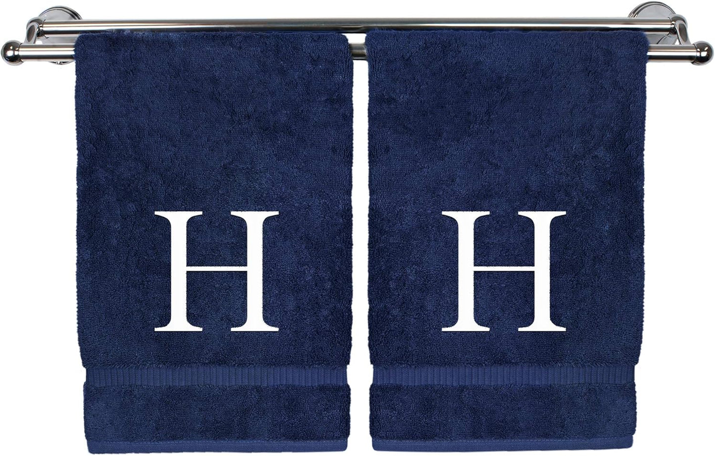 Monogrammed Hand Towel, Personalized Gift, Set of 2- White Block Letter Embroidered Towel - Extra Absorbent 100% Turkish Cotton - Soft Terry Finish - Initial H Navy