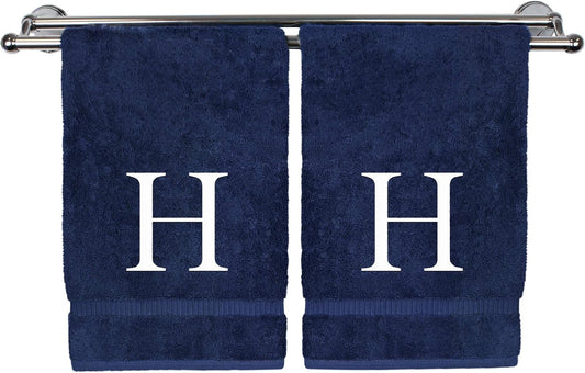 Monogrammed Hand Towel, Personalized Gift, Set of 2- White Block Letter Embroidered Towel - Extra Absorbent 100% Turkish Cotton - Soft Terry Finish - Initial H Navy