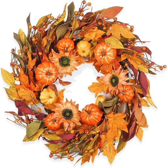 Fall Wreaths for Front Door 22 Inch, Autumn Wreath with Berry Pumpkin, Maple Leaves, Thanksgiving Harvest Festival Decorations Indoor and Outdoor