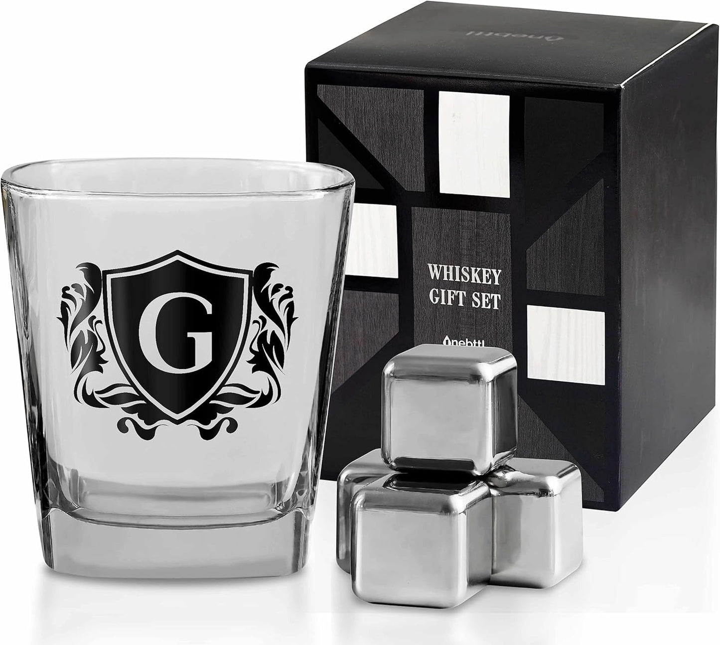 Whisky Gifts for Men, Personalized Initial Whiskey Glass with Whiskey Stones for Dad, Boyfriend, Best Friends, Coworkers, Husband, Brother, Uncle and Boss on Father's Day, Boss Day and Birthday - G
