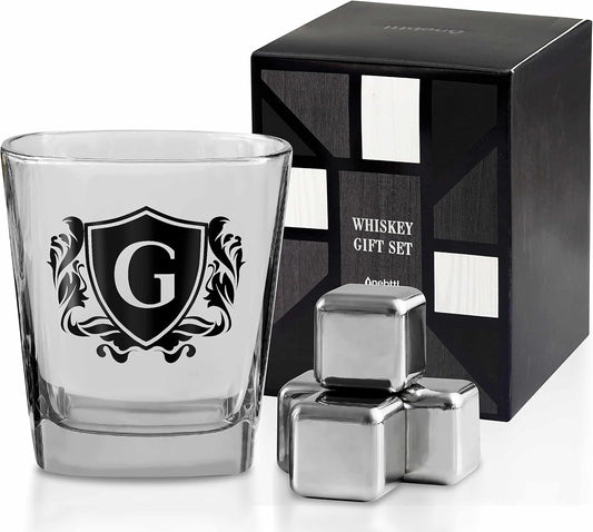 Whisky Gifts for Men, Personalized Initial Whiskey Glass with Whiskey Stones for Dad, Boyfriend, Best Friends, Coworkers, Husband, Brother, Uncle and Boss on Father's Day, Boss Day and Birthday - G
